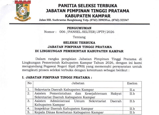 Pemkab Kampar Buka Seleksi Sekda Definitif, Lima Jabatan Strategis Diperebutkan