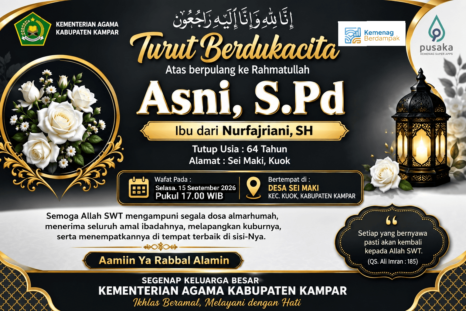 Kemenag Kampar Berduka, Asni, S.Pd Tutup Usia 64 Tahun