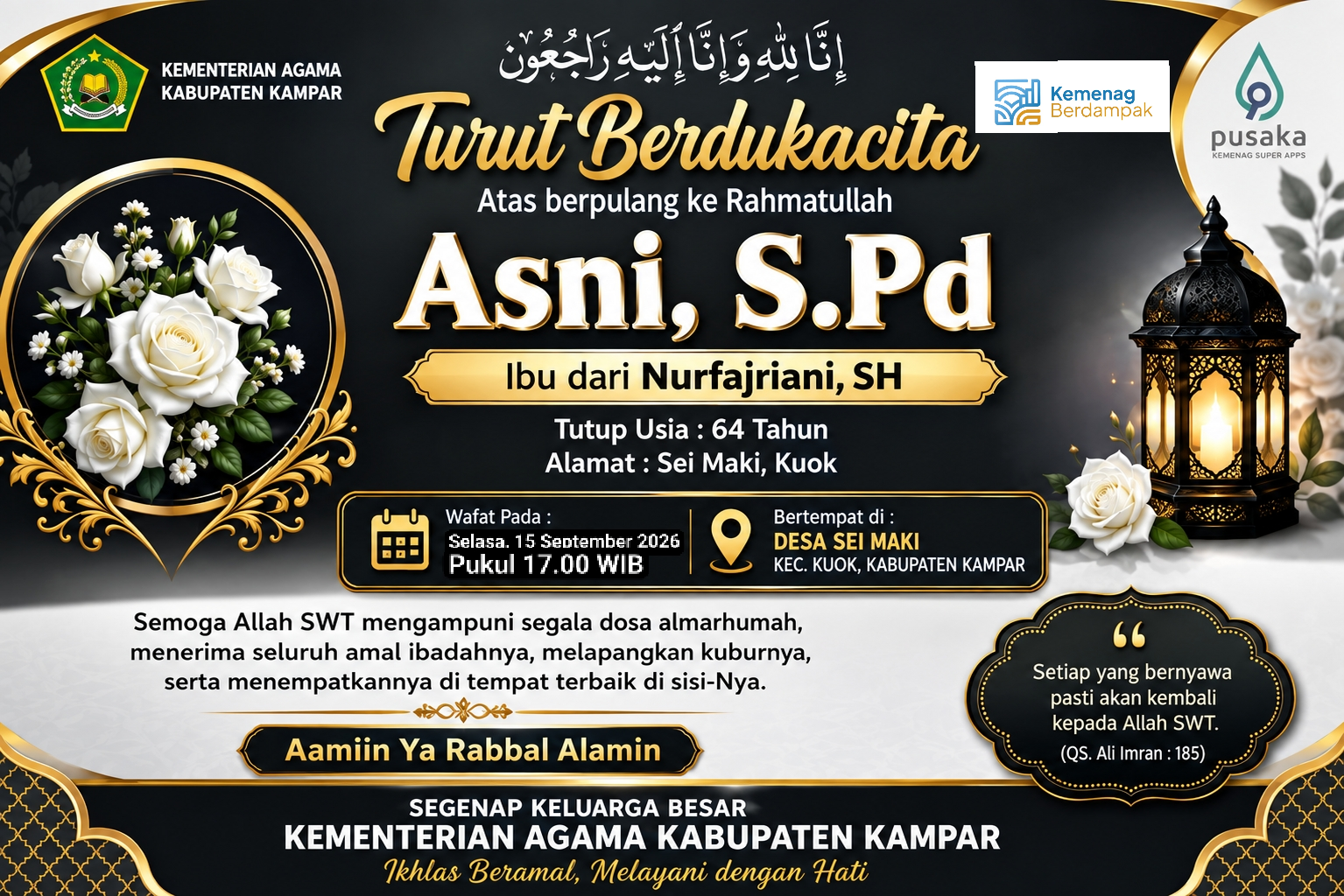 Kemenag Kampar Berduka, Asni, S.Pd Tutup Usia 64 Tahun