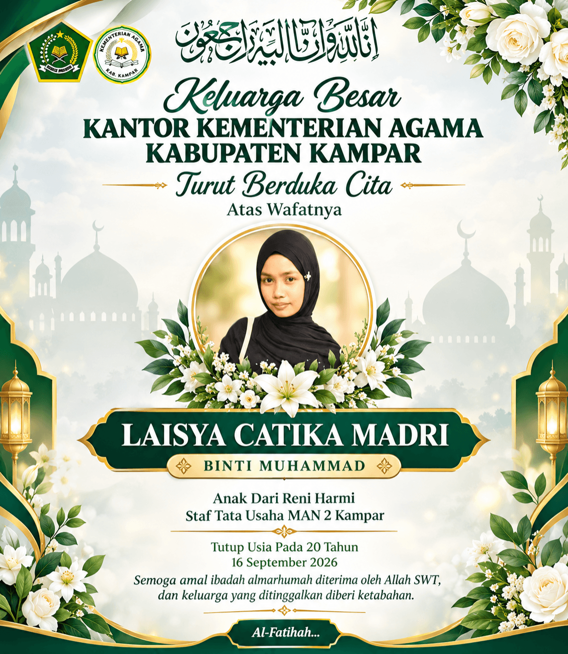 Kabar Duka Kembali Menyelimuti Kemenag Kampar, Laisya Catika Madri Tutup Usia di Usia 20 Tahun
